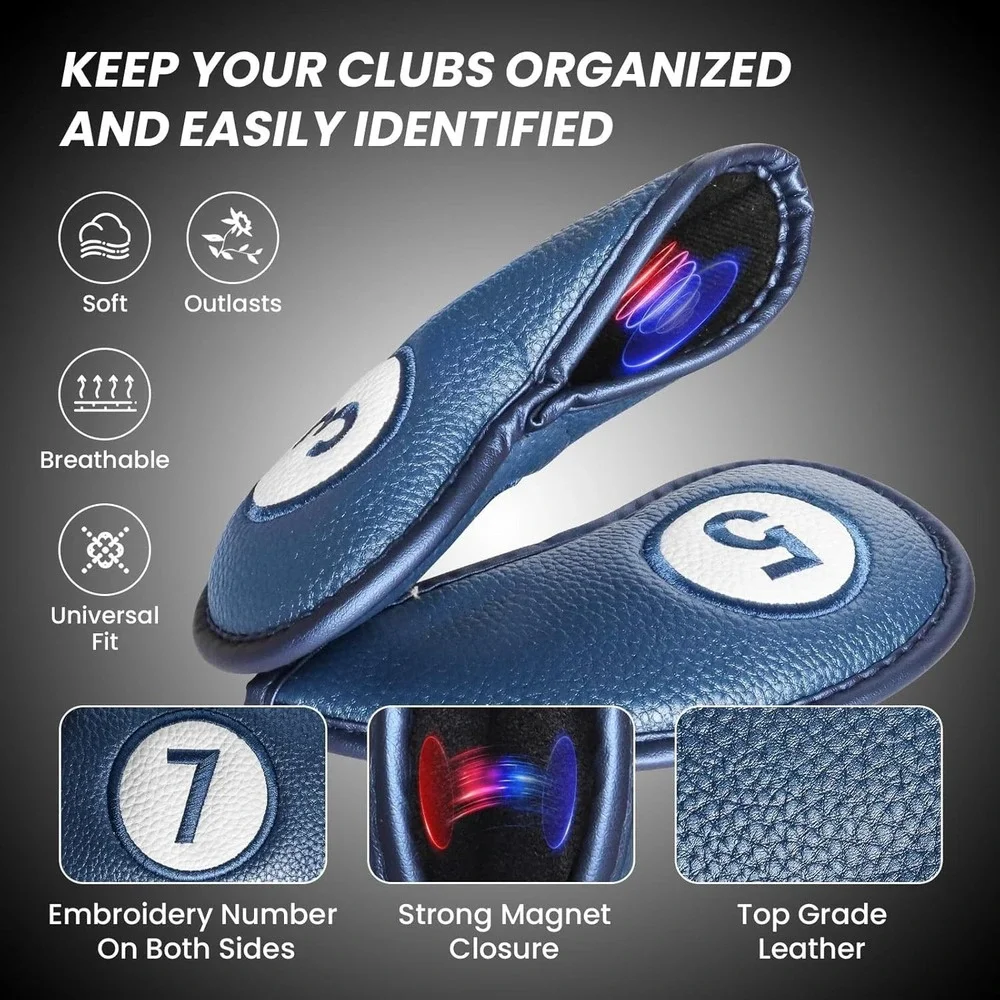 Finger Ten Magnetic Golf Iron Headcovers Set 11pc Blue PU Leather 3-9 P A S L